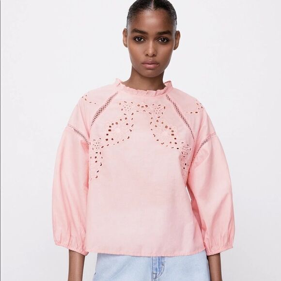 Zara Embroidered Eyelet Blouse New Pink Barbiecore - Picture 1 of 7